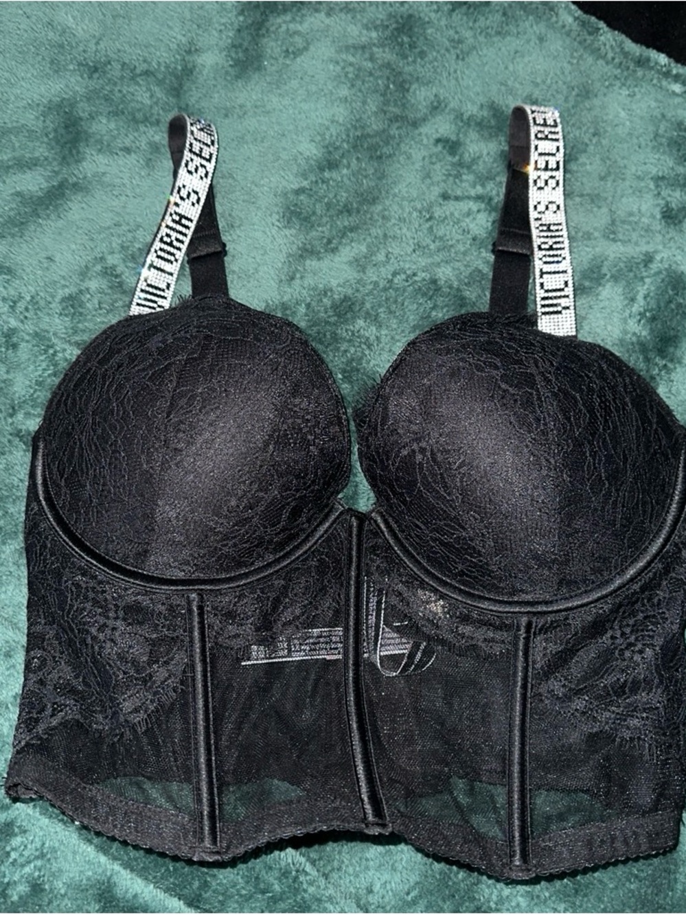 Victoria's Secret Black Lace Longline Bra with Logo Straps